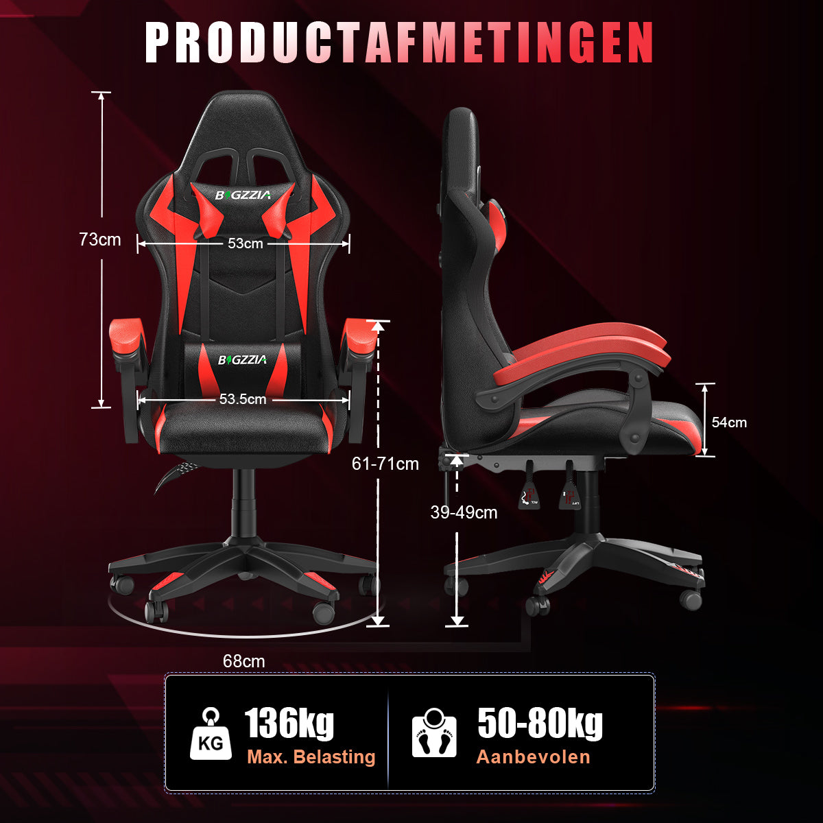 Ergonomische Gaming Stoel met RGB LED-verlichting, Liggend, Hoofdsteun en Lendensteun Race Stijl
