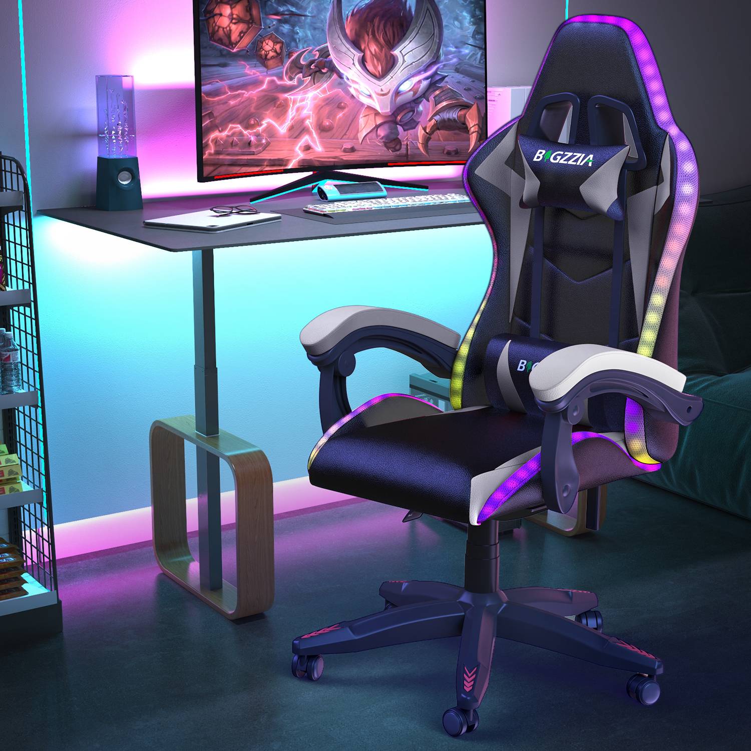 Ergonomische Gaming Stoel met RGB LED-verlichting, Liggend, Hoofdsteun en Lendensteun Race Stijl