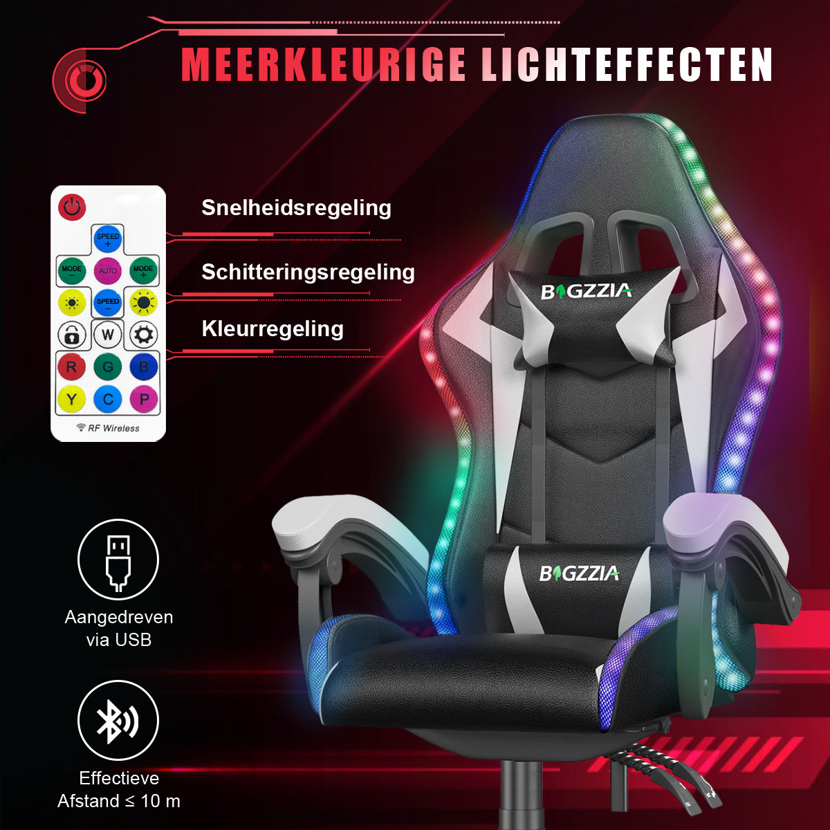 Ergonomische Gaming Stoel met RGB LED-verlichting, Liggend, Hoofdsteun en Lendensteun Race Stijl
