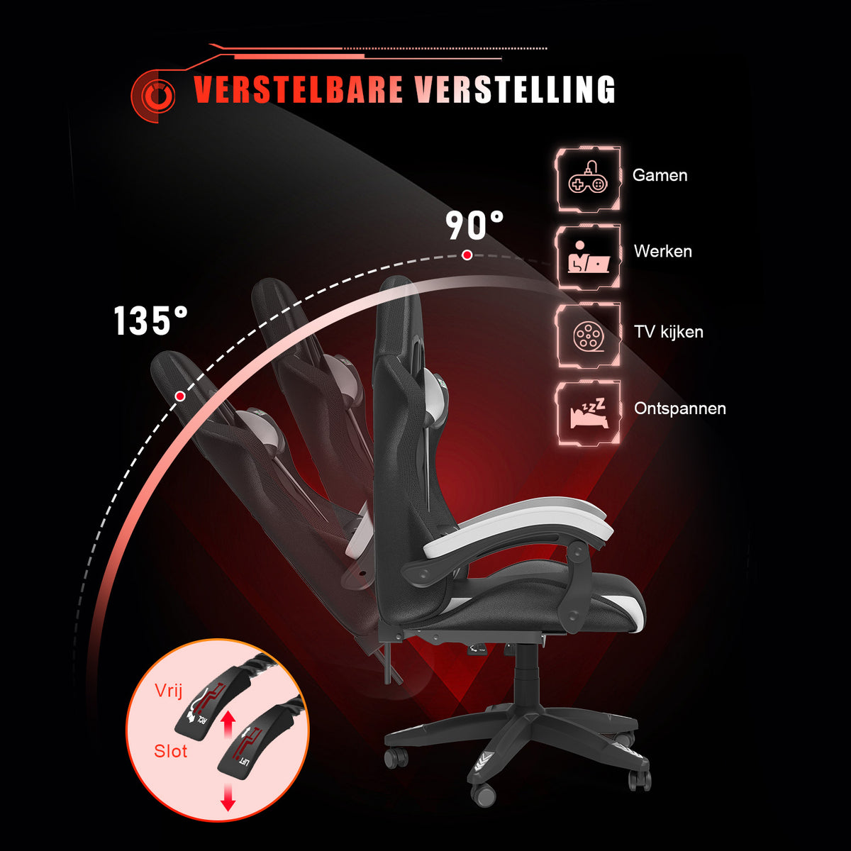 Ergonomische Gaming Stoel met RGB LED-verlichting, Liggend, Hoofdsteun en Lendensteun Race Stijl