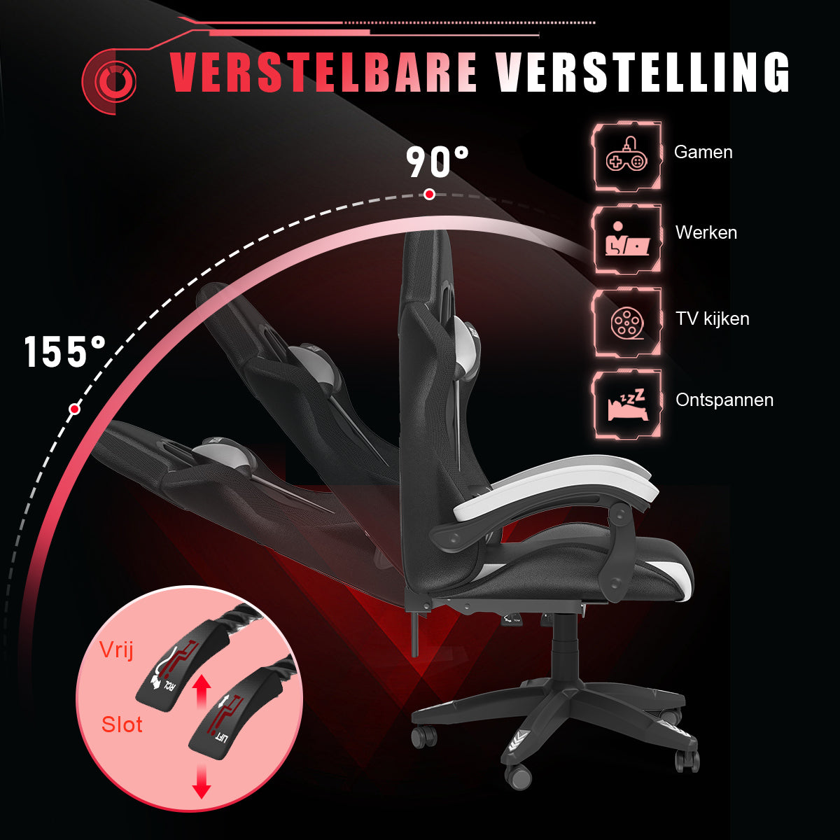 Ergonomische Gaming Stoel met RGB LED-verlichting, Liggend, Hoofdsteun en Lendensteun Race Stijl