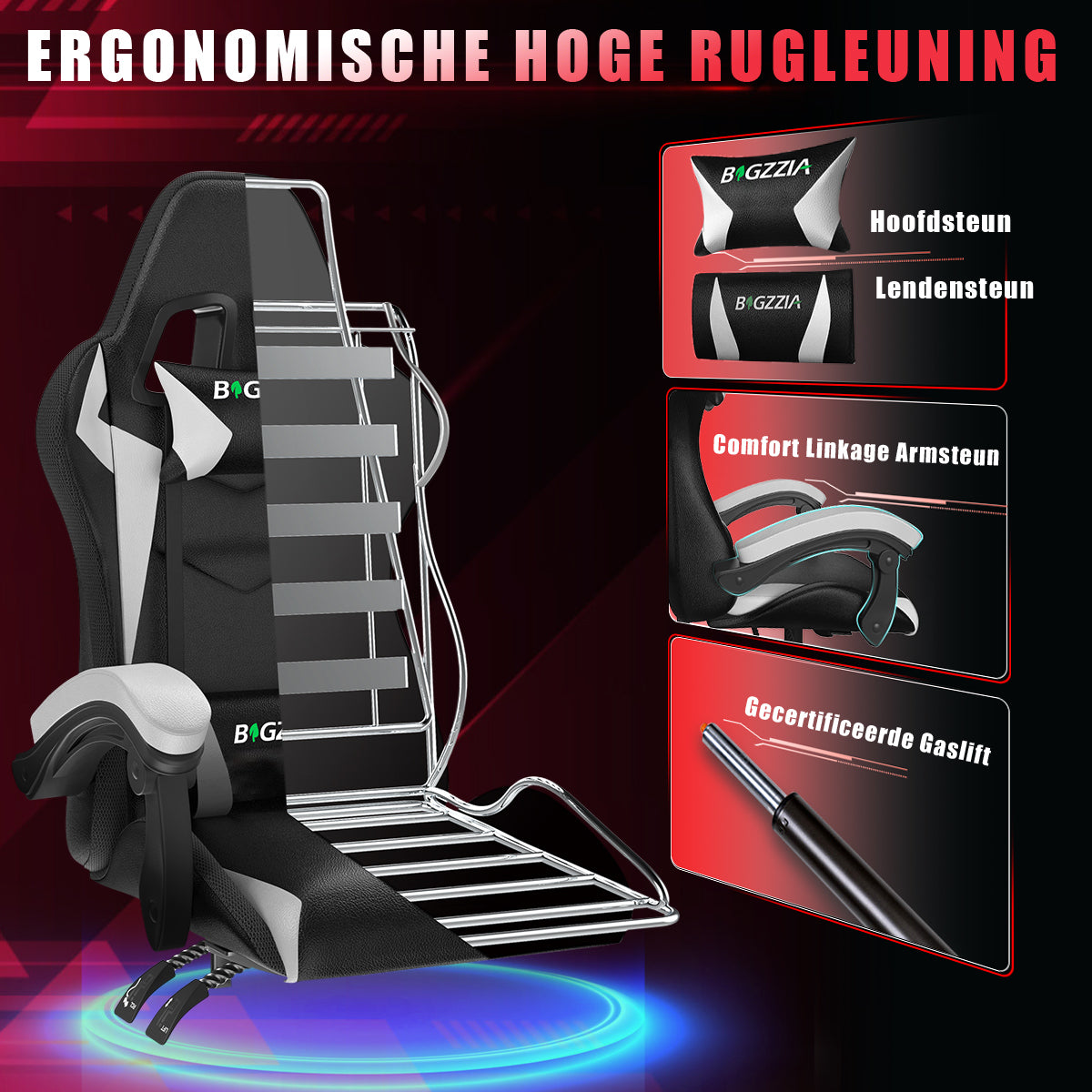 Ergonomische Gaming Stoel met RGB LED-verlichting, Liggend, Hoofdsteun en Lendensteun Race Stijl