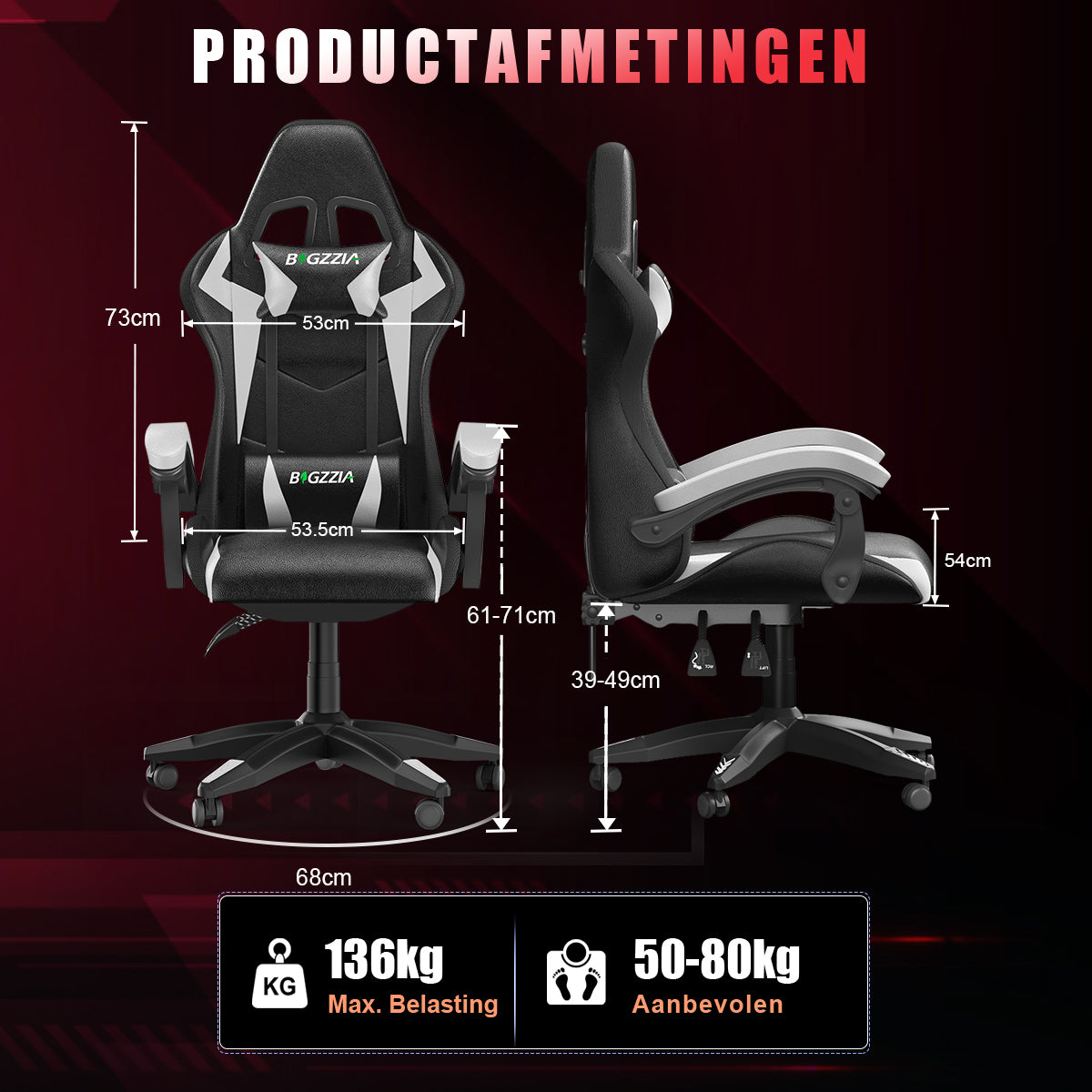 Ergonomische Gaming Stoel met RGB LED-verlichting, Liggend, Hoofdsteun en Lendensteun Race Stijl
