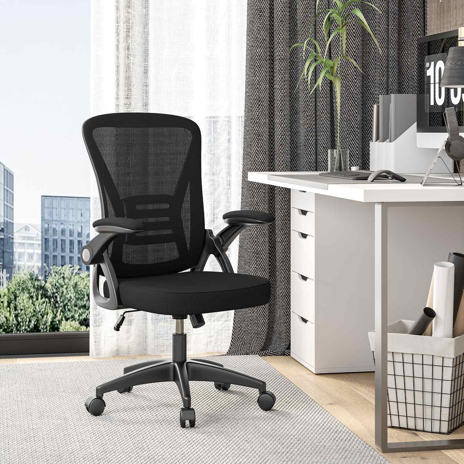 Bureau Stoel Ergonomische Bureaustoel met 90° Opklapbare Armleuning, in Hoogte Verstelbare Bureaustoel