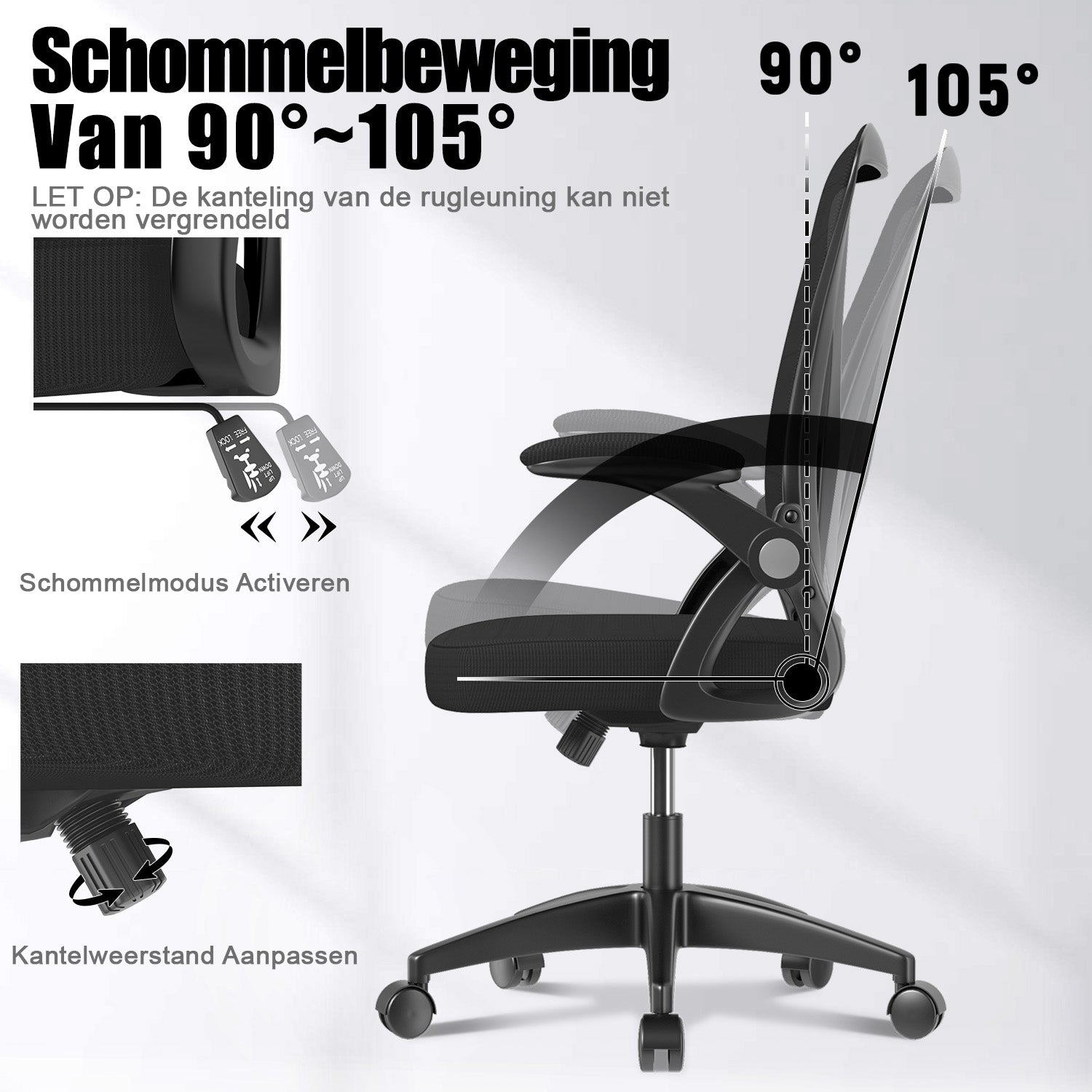 Bureau Stoel Ergonomische Bureaustoel met 90° Opklapbare Armleuning, in Hoogte Verstelbare Bureaustoel