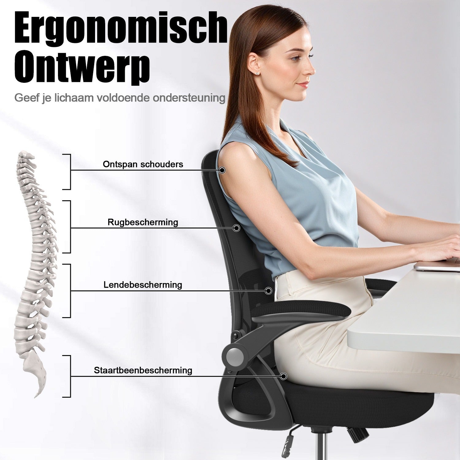 Bureau Stoel Ergonomische Bureaustoel met 90° Opklapbare Armleuning, in Hoogte Verstelbare Bureaustoel