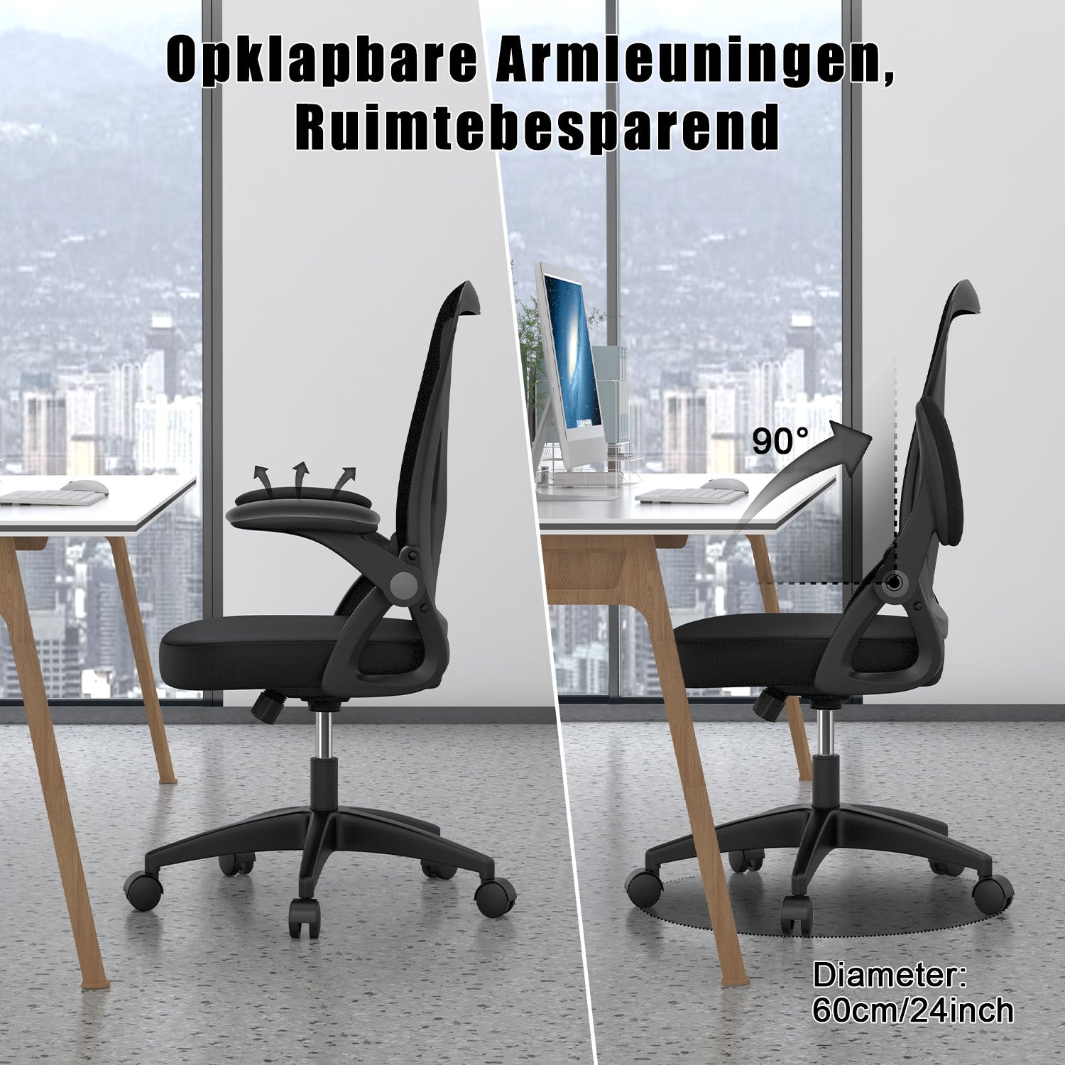 Bureau Stoel Ergonomische Bureaustoel met 90° Opklapbare Armleuning, in Hoogte Verstelbare Bureaustoel