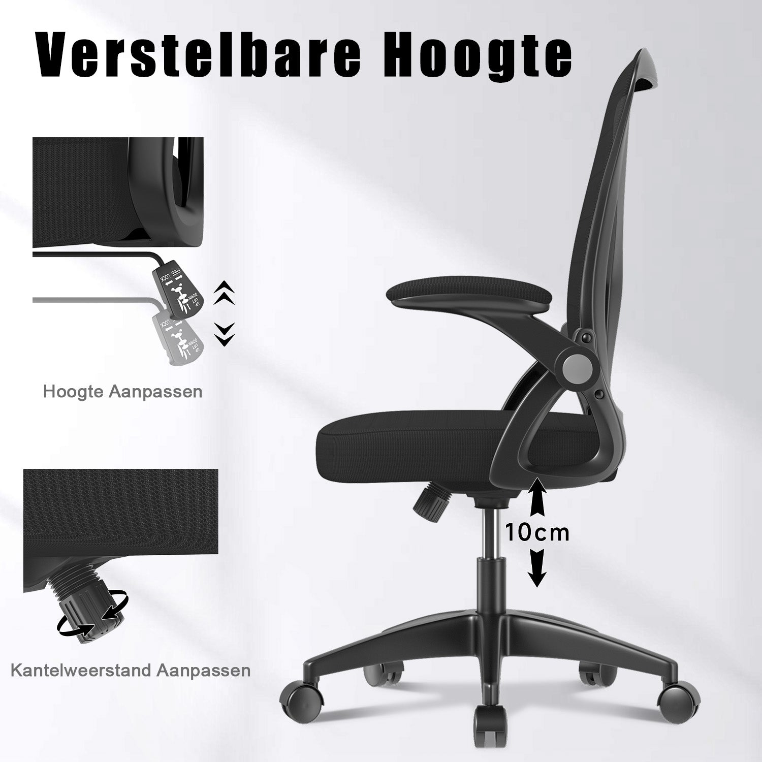 Bureau Stoel Ergonomische Bureaustoel met 90° Opklapbare Armleuning, in Hoogte Verstelbare Bureaustoel