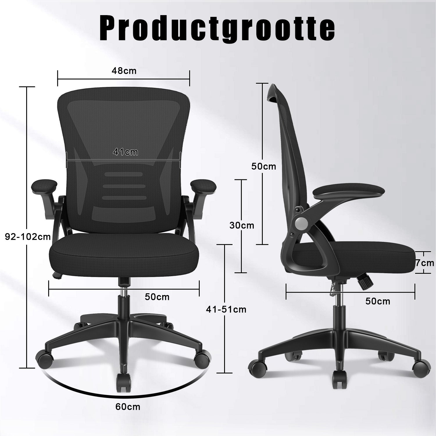 Bureau Stoel Ergonomische Bureaustoel met 90° Opklapbare Armleuning, in Hoogte Verstelbare Bureaustoel