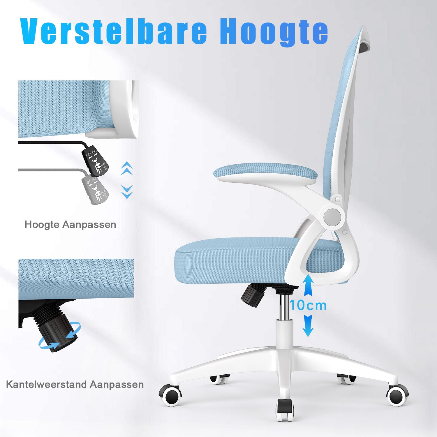 Bureau Stoel Ergonomische Bureaustoel met 90° Opklapbare Armleuning, in Hoogte Verstelbare Bureaustoel