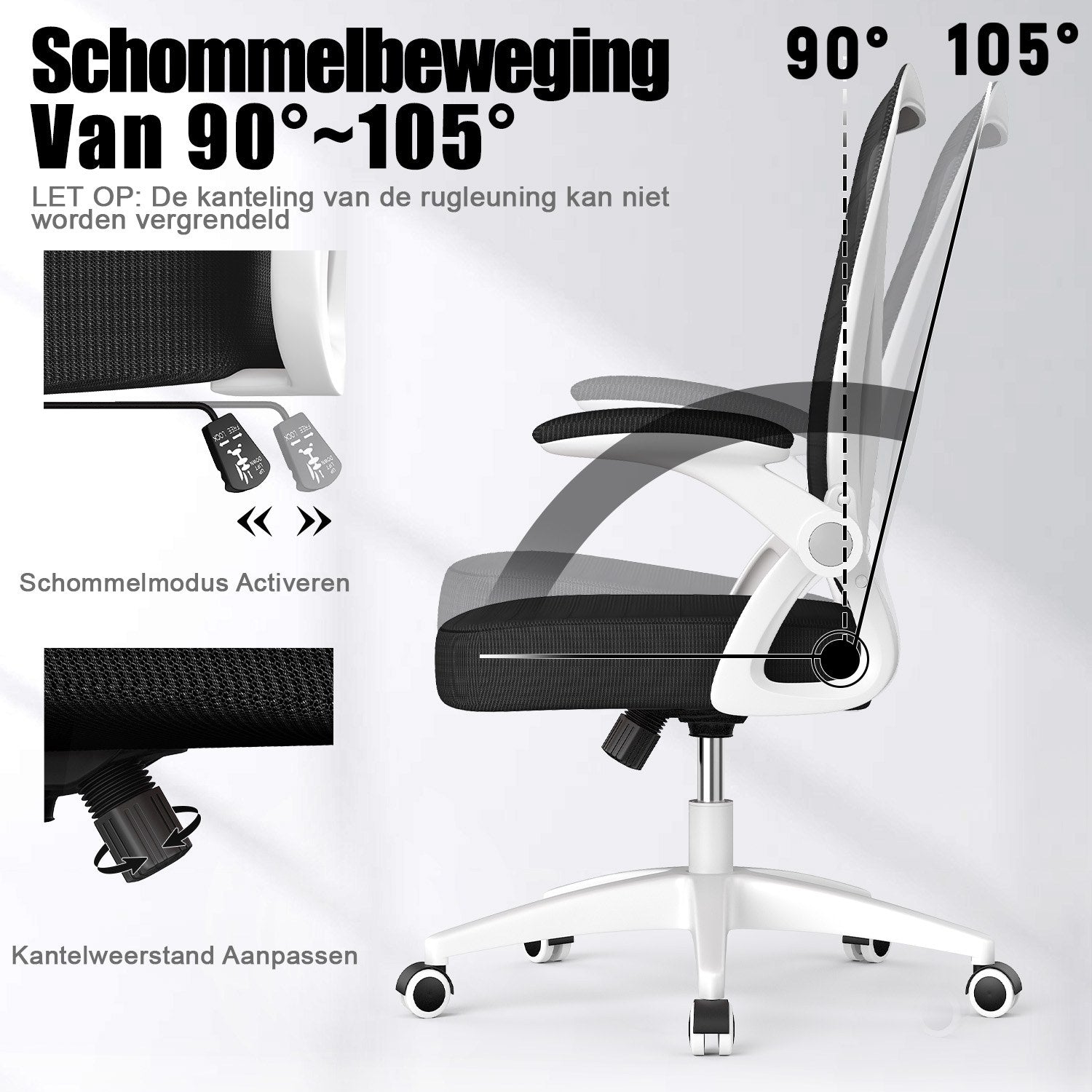 Bureau Stoel Ergonomische Bureaustoel met 90° Opklapbare Armleuning, in Hoogte Verstelbare Bureaustoel