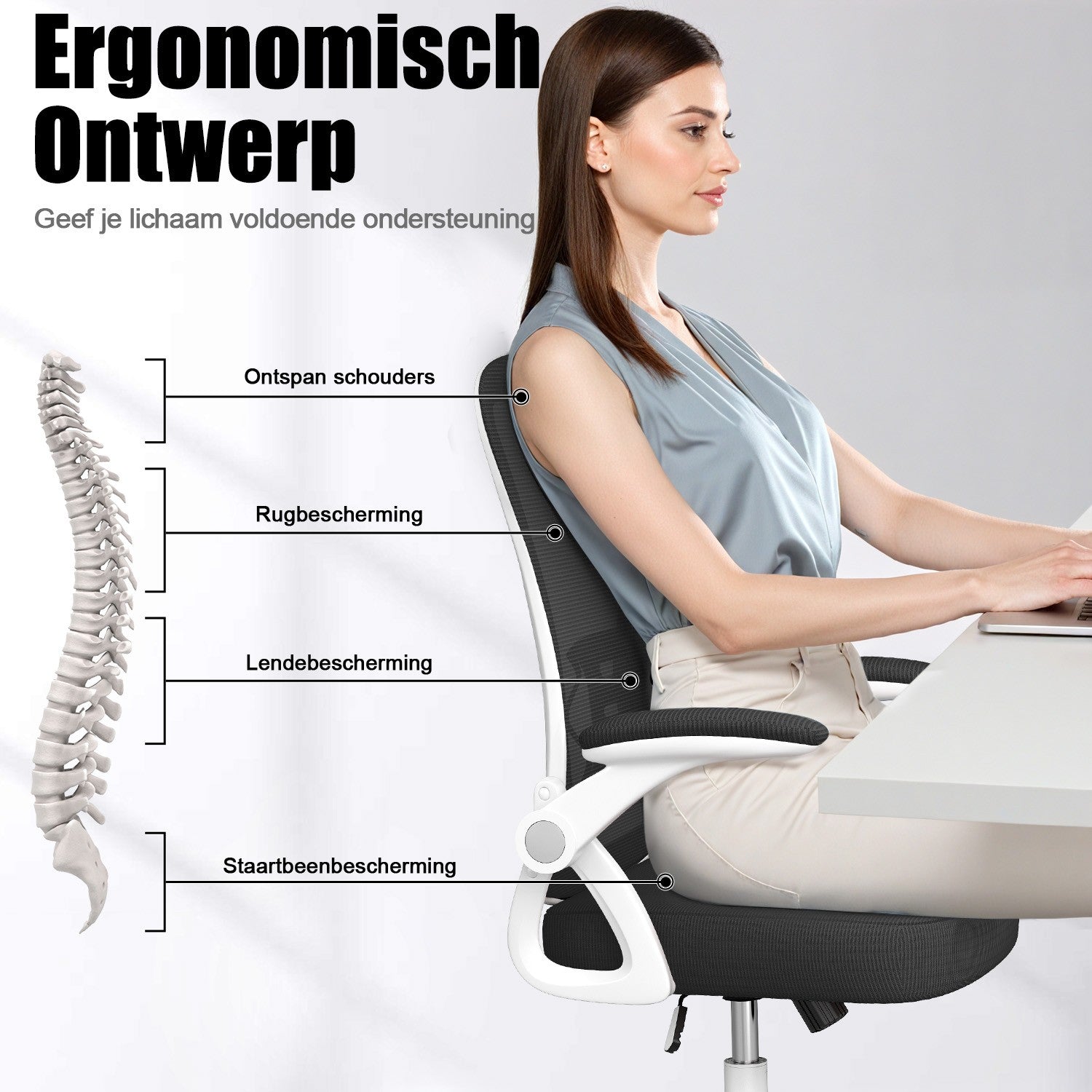 Bureau Stoel Ergonomische Bureaustoel met 90° Opklapbare Armleuning, in Hoogte Verstelbare Bureaustoel