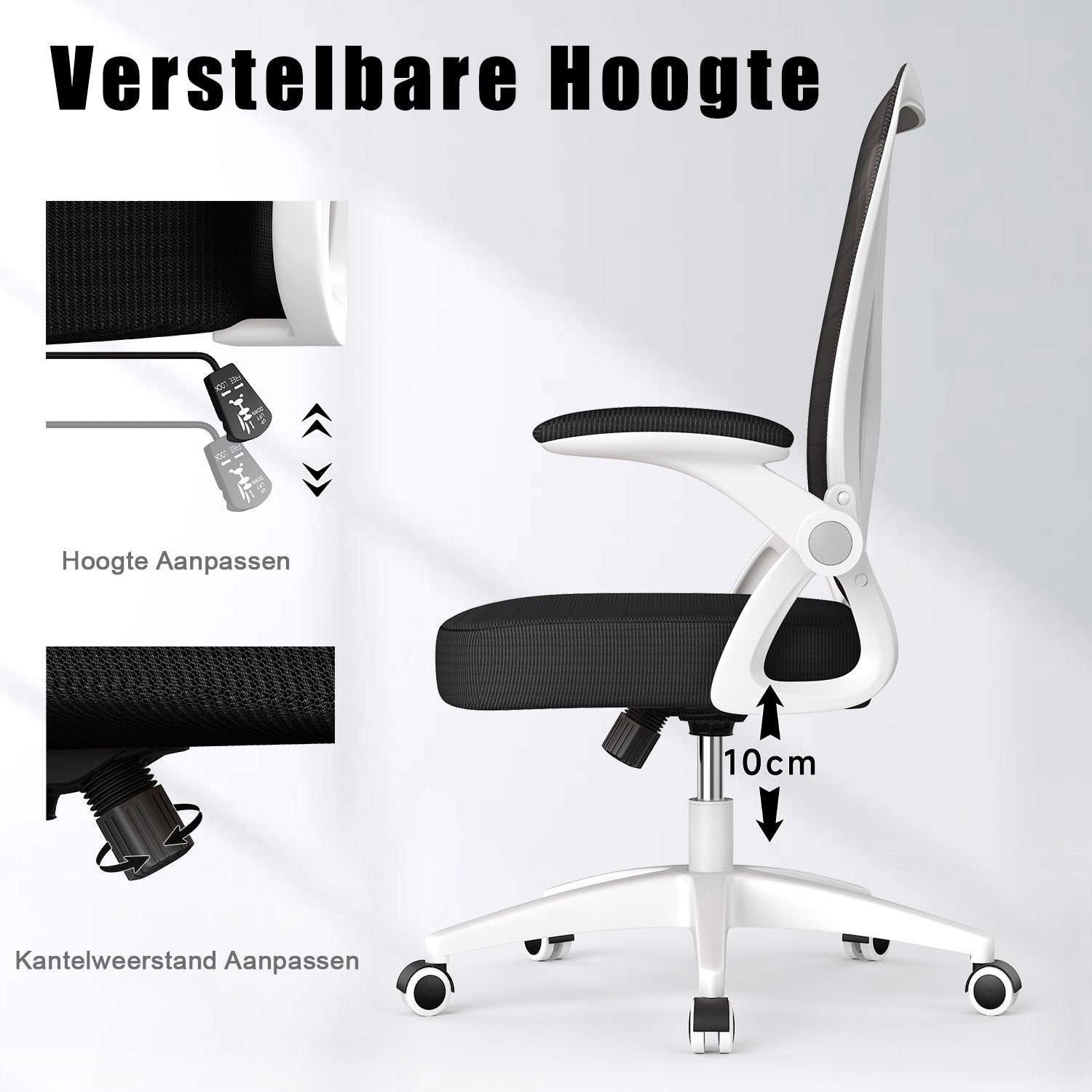 Bureau Stoel Ergonomische Bureaustoel met 90° Opklapbare Armleuning, in Hoogte Verstelbare Bureaustoel