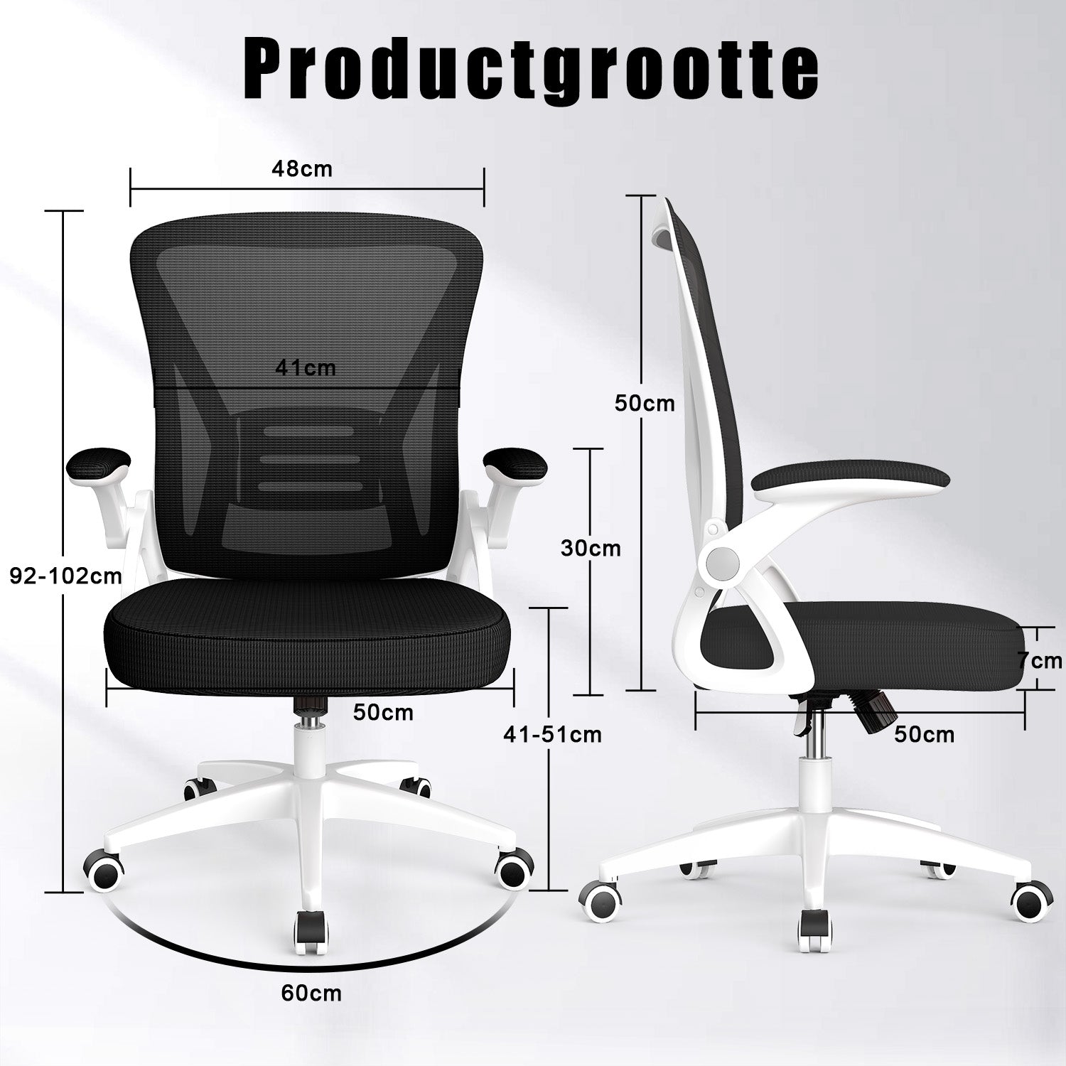Bureau Stoel Ergonomische Bureaustoel met 90° Opklapbare Armleuning, in Hoogte Verstelbare Bureaustoel