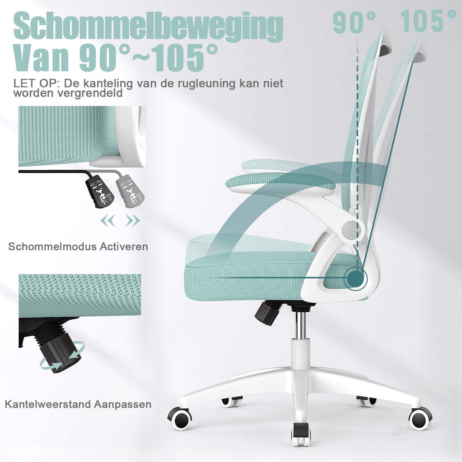 Bureau Stoel Ergonomische Bureaustoel met 90° Opklapbare Armleuning, in Hoogte Verstelbare Bureaustoel
