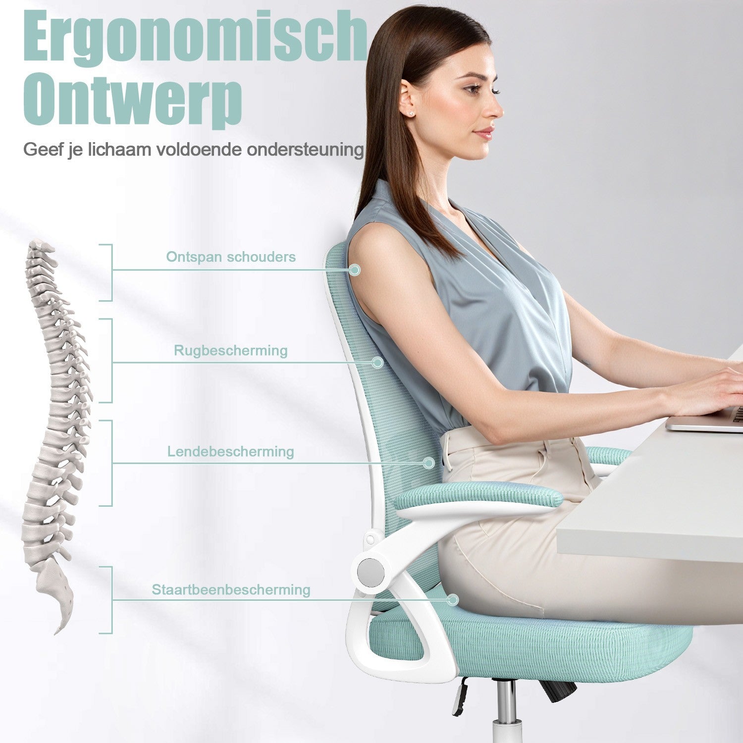 Bureau Stoel Ergonomische Bureaustoel met 90° Opklapbare Armleuning, in Hoogte Verstelbare Bureaustoel
