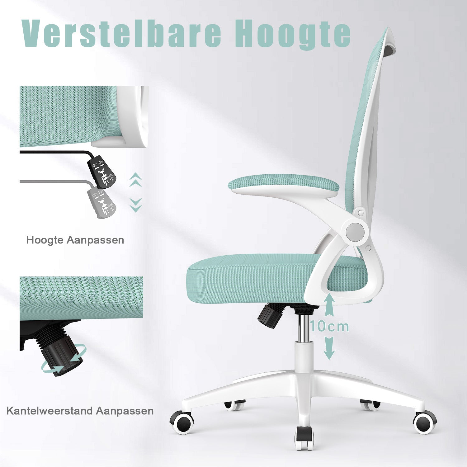 Bureau Stoel Ergonomische Bureaustoel met 90° Opklapbare Armleuning, in Hoogte Verstelbare Bureaustoel