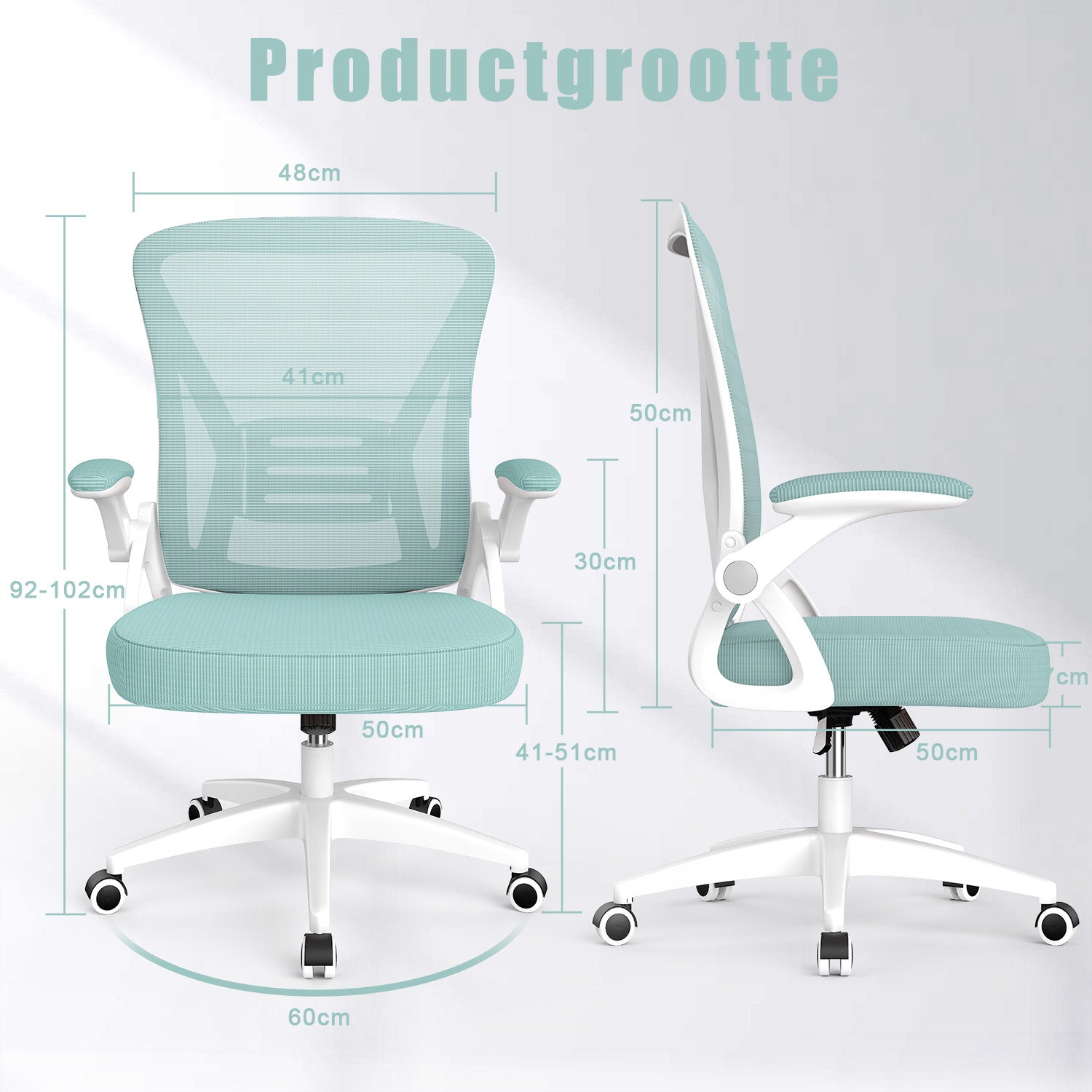 Bureau Stoel Ergonomische Bureaustoel met 90° Opklapbare Armleuning, in Hoogte Verstelbare Bureaustoel