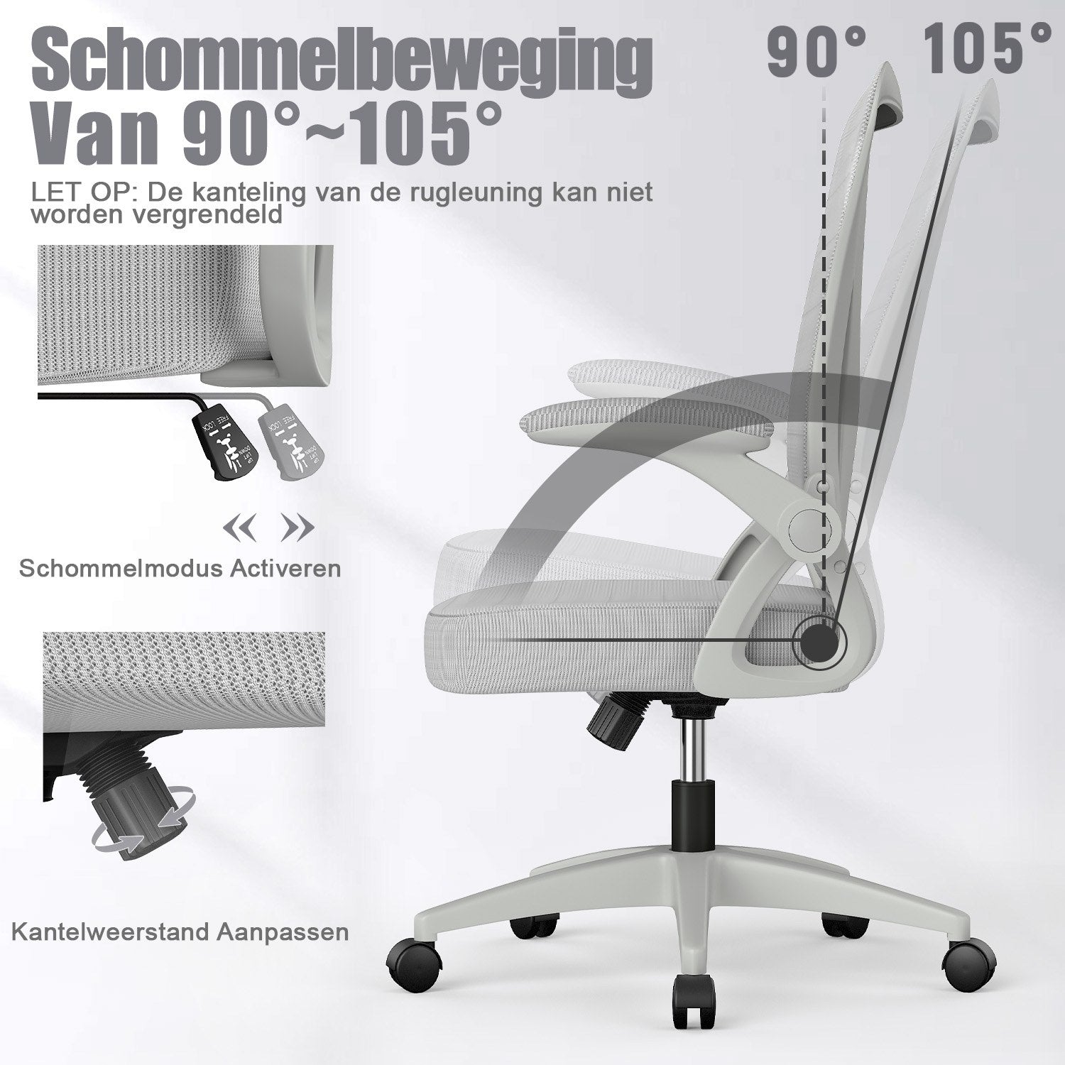 Bureau Stoel Ergonomische Bureaustoel met 90° Opklapbare Armleuning, in Hoogte Verstelbare Bureaustoel