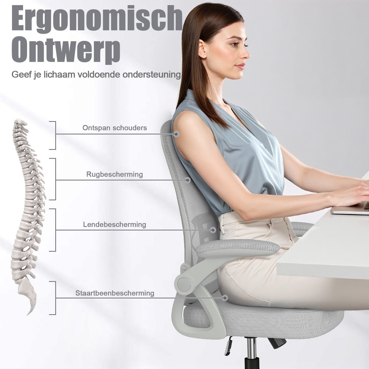 Bureau Stoel Ergonomische Bureaustoel met 90° Opklapbare Armleuning, in Hoogte Verstelbare Bureaustoel