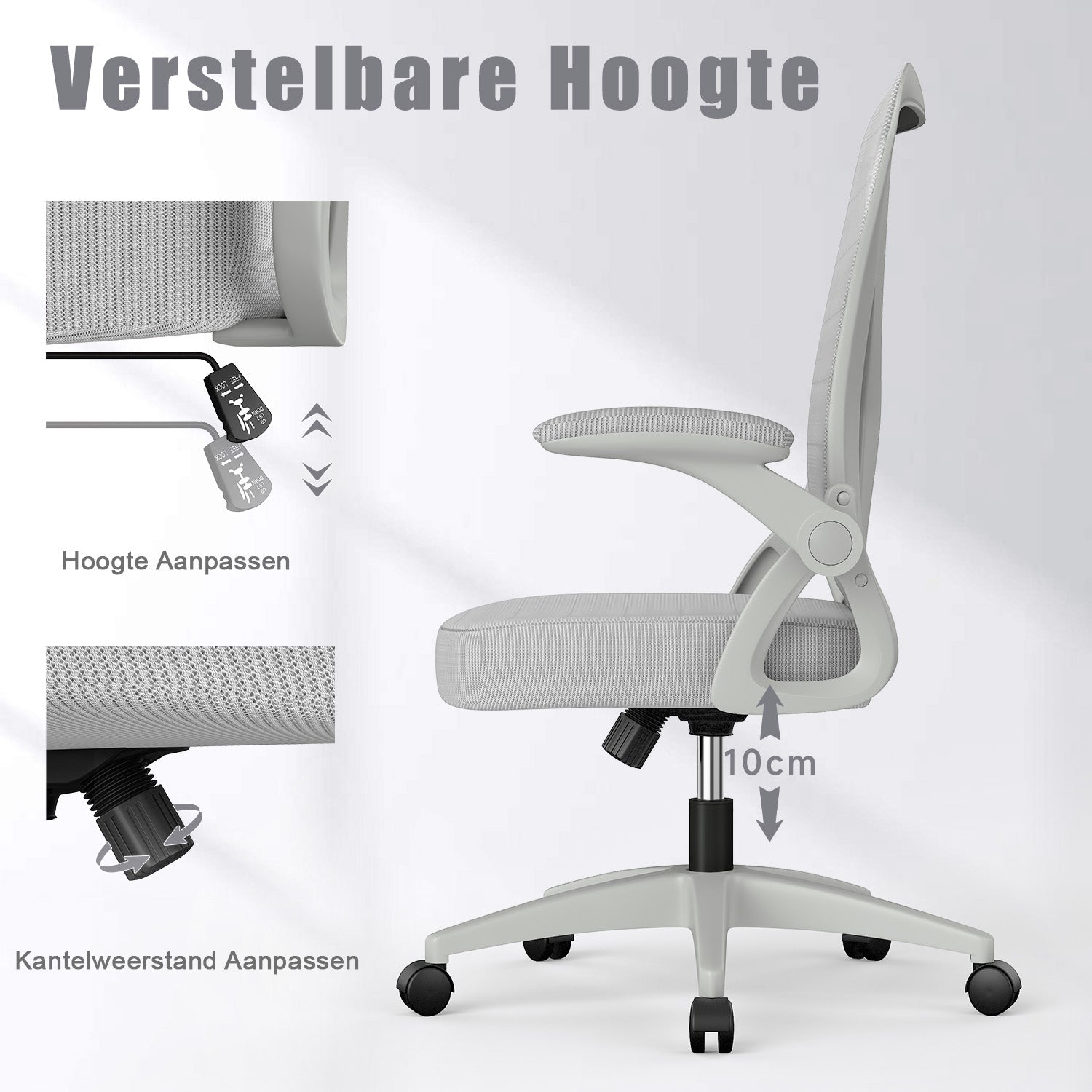 Bureau Stoel Ergonomische Bureaustoel met 90° Opklapbare Armleuning, in Hoogte Verstelbare Bureaustoel