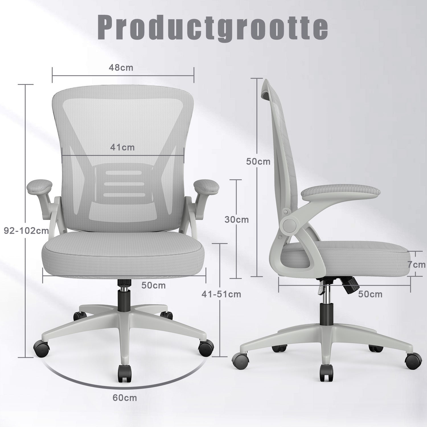 Bureau Stoel Ergonomische Bureaustoel met 90° Opklapbare Armleuning, in Hoogte Verstelbare Bureaustoel