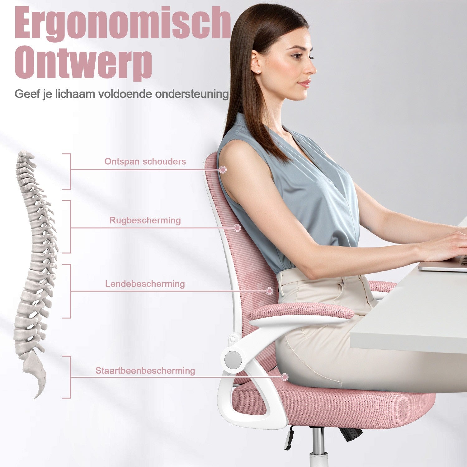 Bureau Stoel Ergonomische Bureaustoel met 90° Opklapbare Armleuning, in Hoogte Verstelbare Bureaustoel