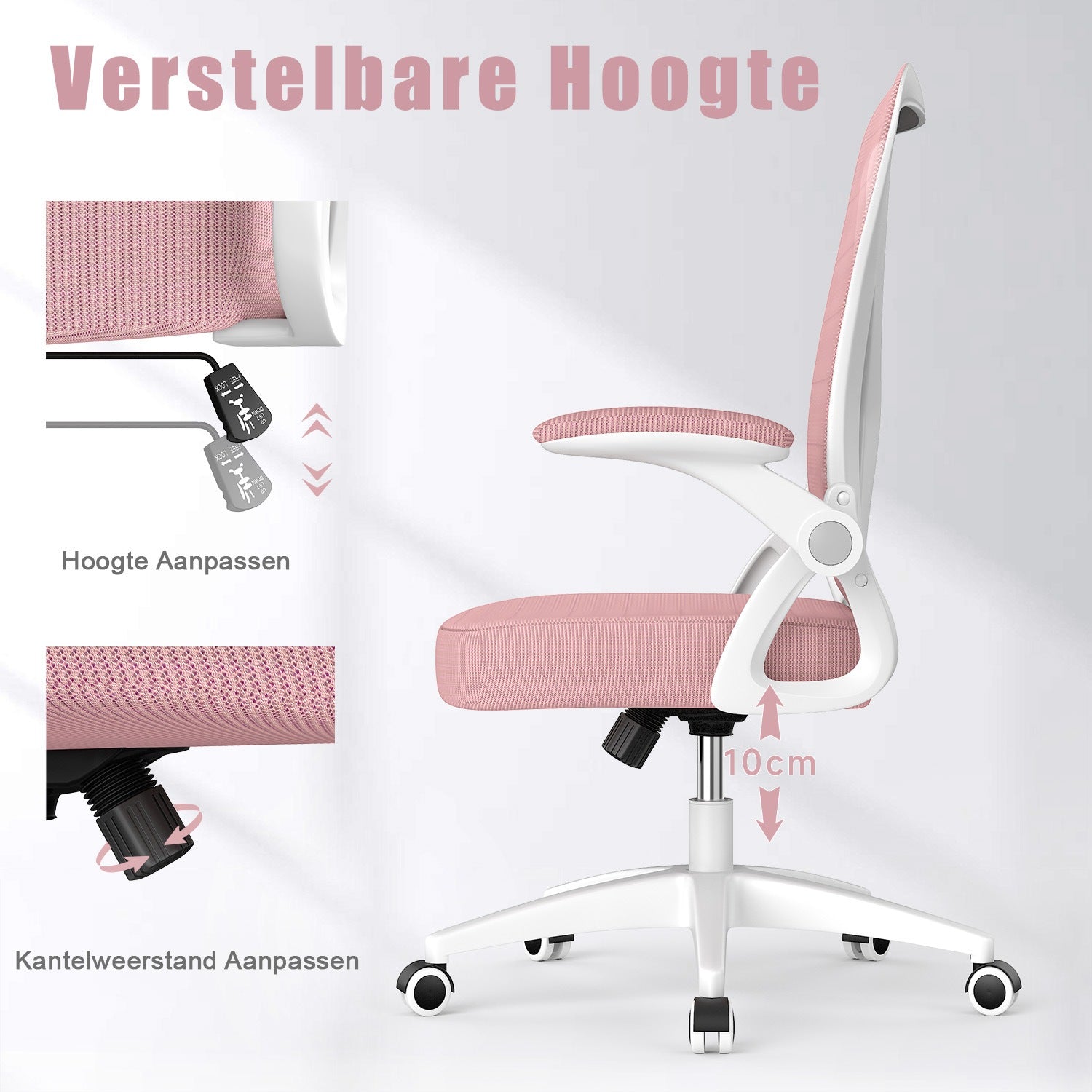 Bureau Stoel Ergonomische Bureaustoel met 90° Opklapbare Armleuning, in Hoogte Verstelbare Bureaustoel
