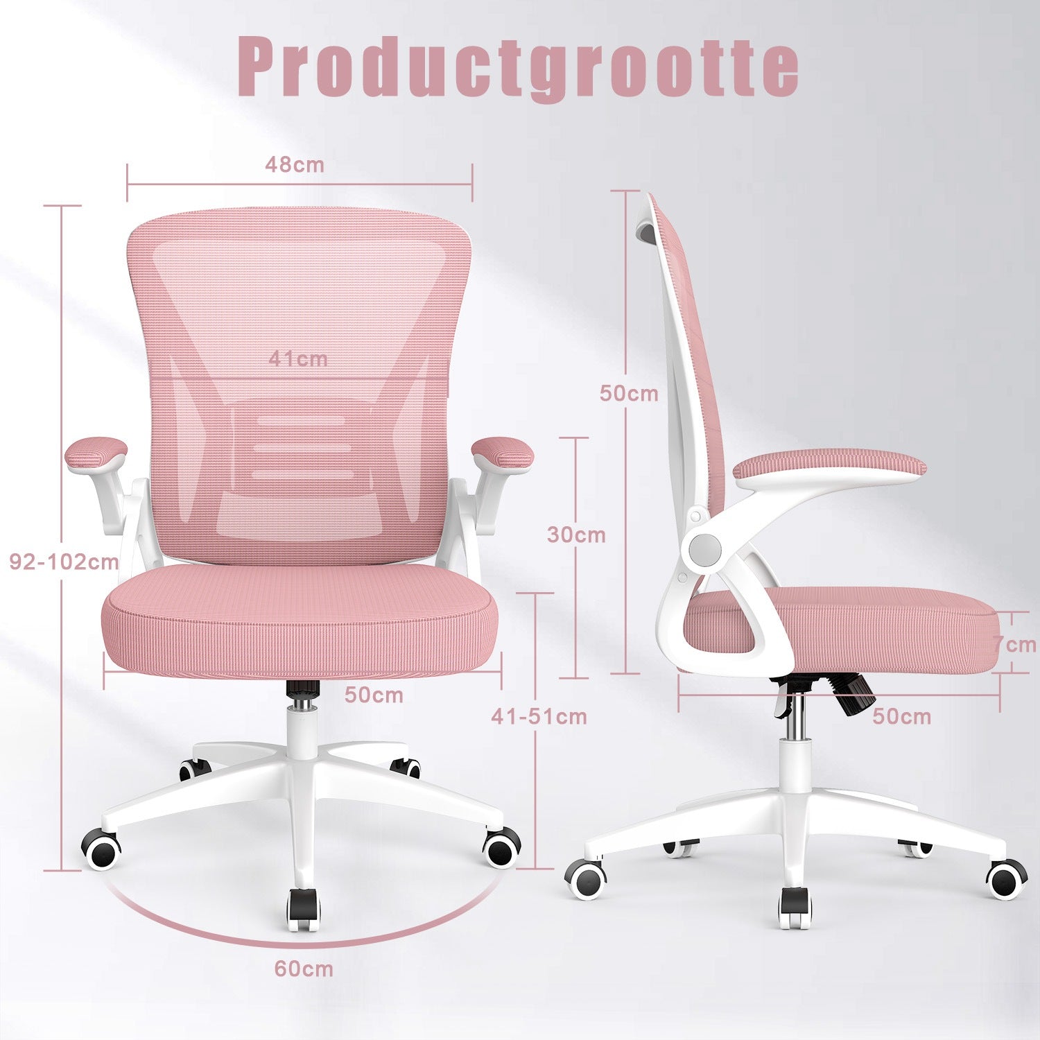 Bureau Stoel Ergonomische Bureaustoel met 90° Opklapbare Armleuning, in Hoogte Verstelbare Bureaustoel