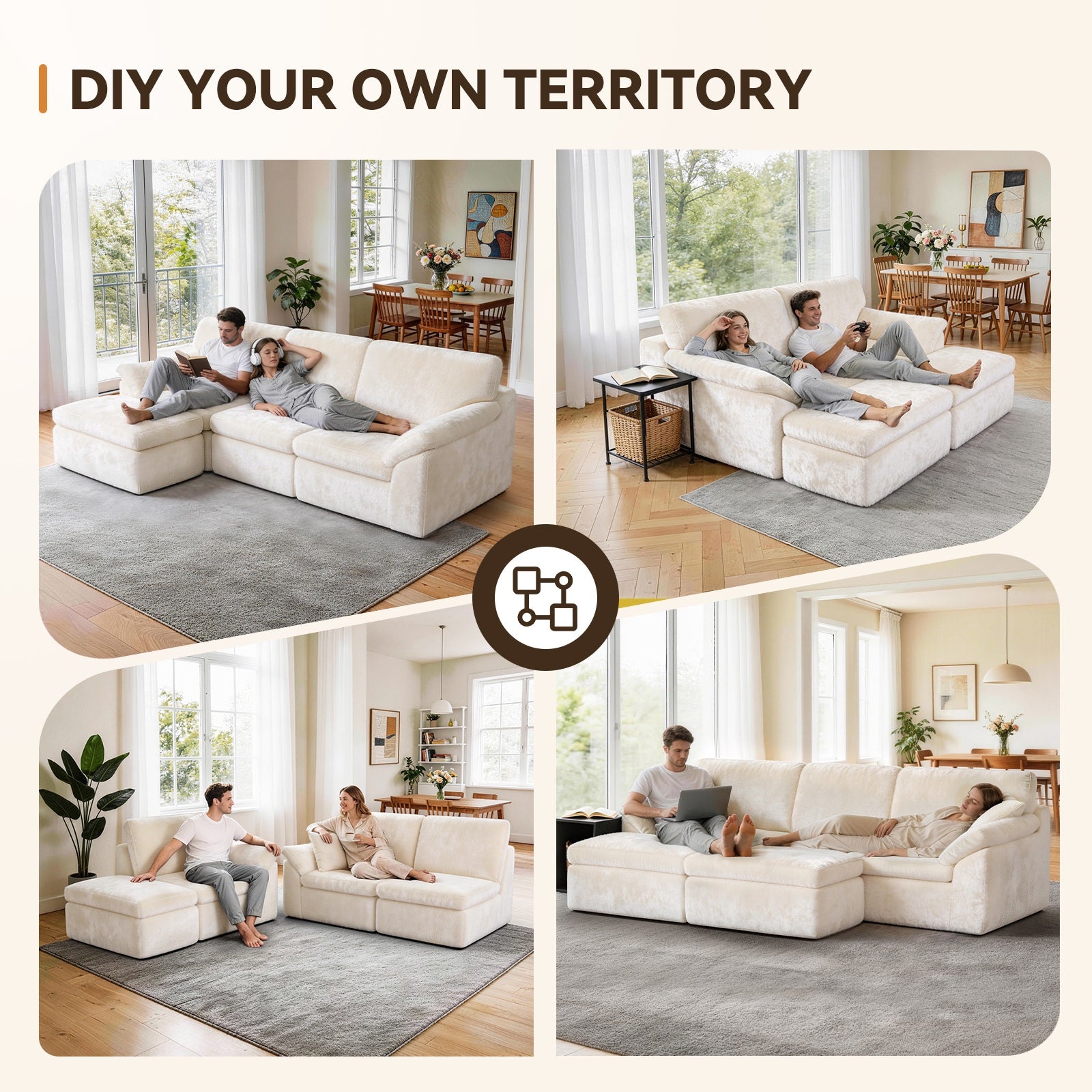 5-Zits U-Vormige Hoekbank, Comfortabele Modulaire Bank, Vrij te Combineren.