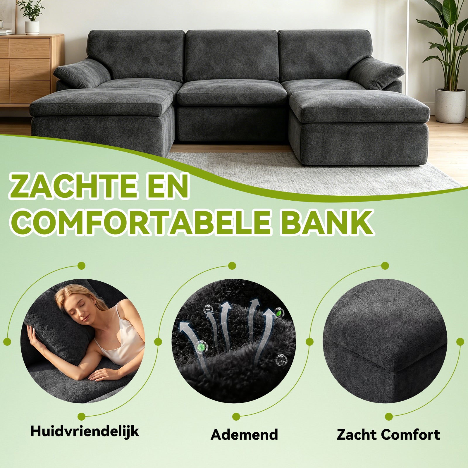5-Zits U-Vormige Hoekbank, Comfortabele Modulaire Bank, Vrij te Combineren.
