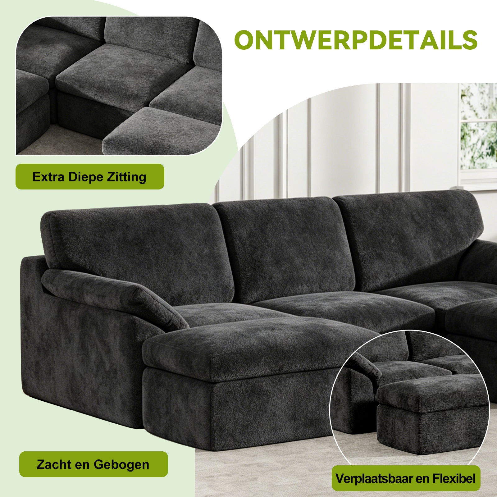 5-Zits U-Vormige Hoekbank, Comfortabele Modulaire Bank, Vrij te Combineren.