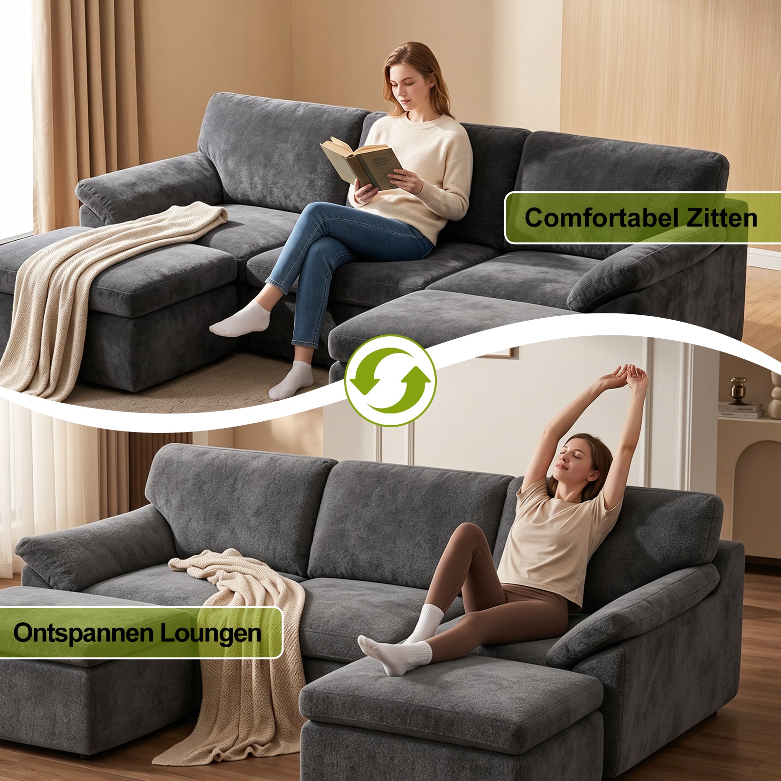5-Zits U-Vormige Hoekbank, Comfortabele Modulaire Bank, Vrij te Combineren.