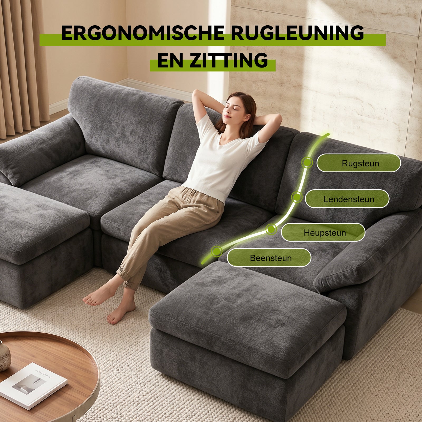 5-Zits U-Vormige Hoekbank, Comfortabele Modulaire Bank, Vrij te Combineren.