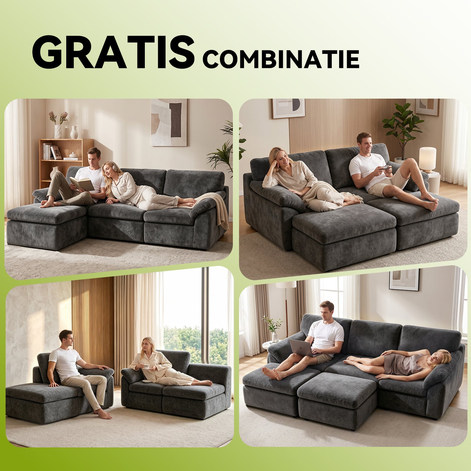 5-Zits U-Vormige Hoekbank, Comfortabele Modulaire Bank, Vrij te Combineren.