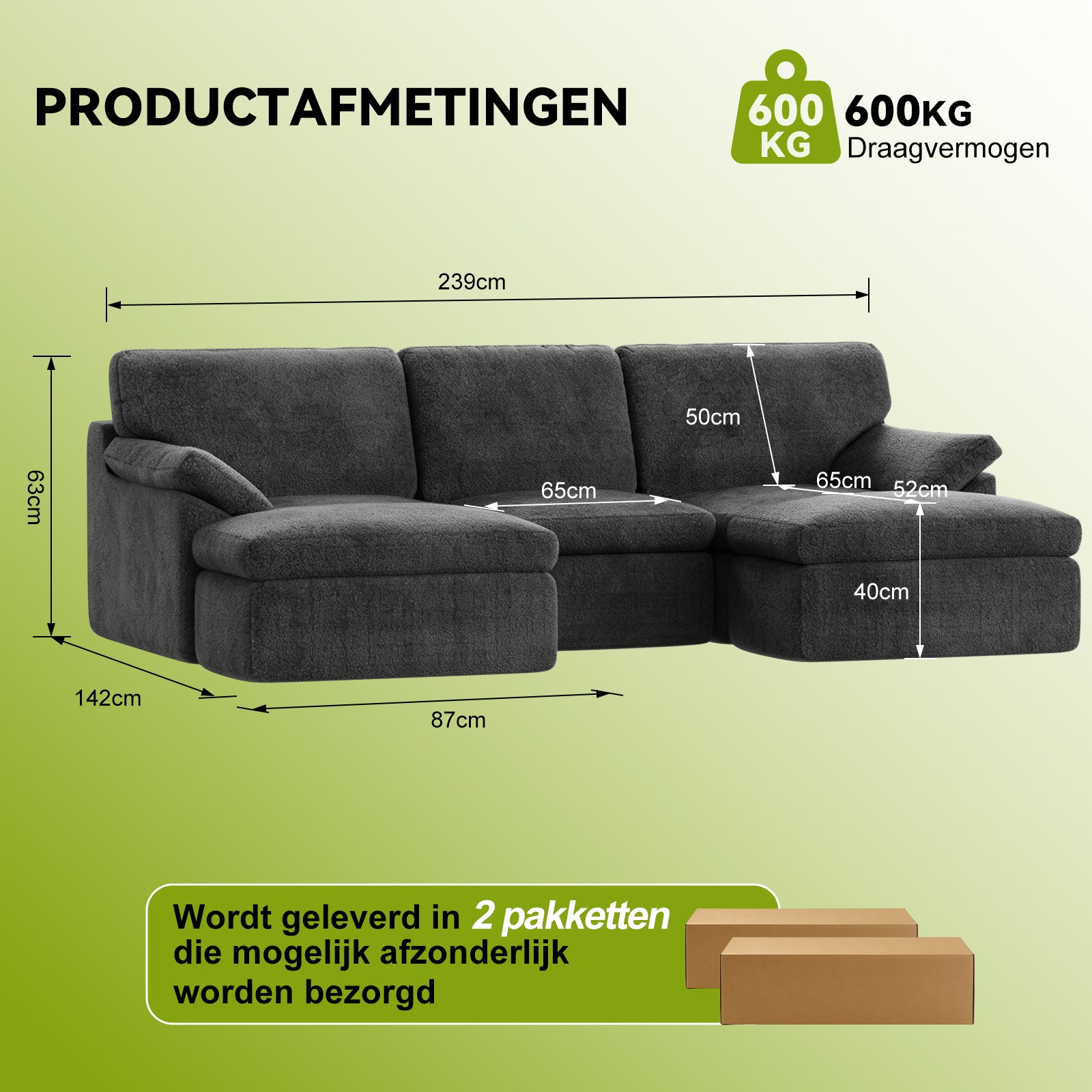 5-Zits U-Vormige Hoekbank, Comfortabele Modulaire Bank, Vrij te Combineren.