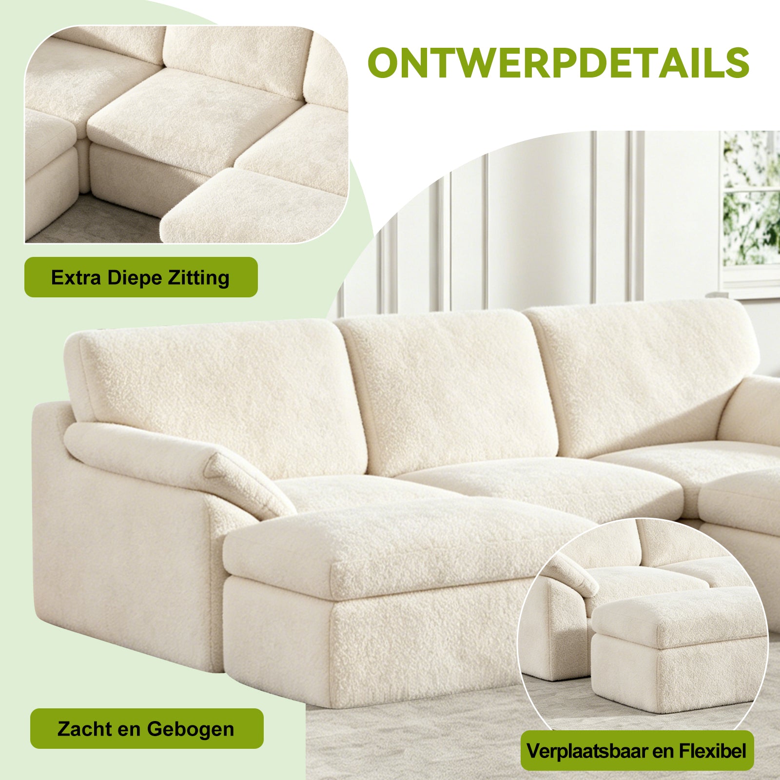 5-Zits U-Vormige Hoekbank, Comfortabele Modulaire Bank, Vrij te Combineren.