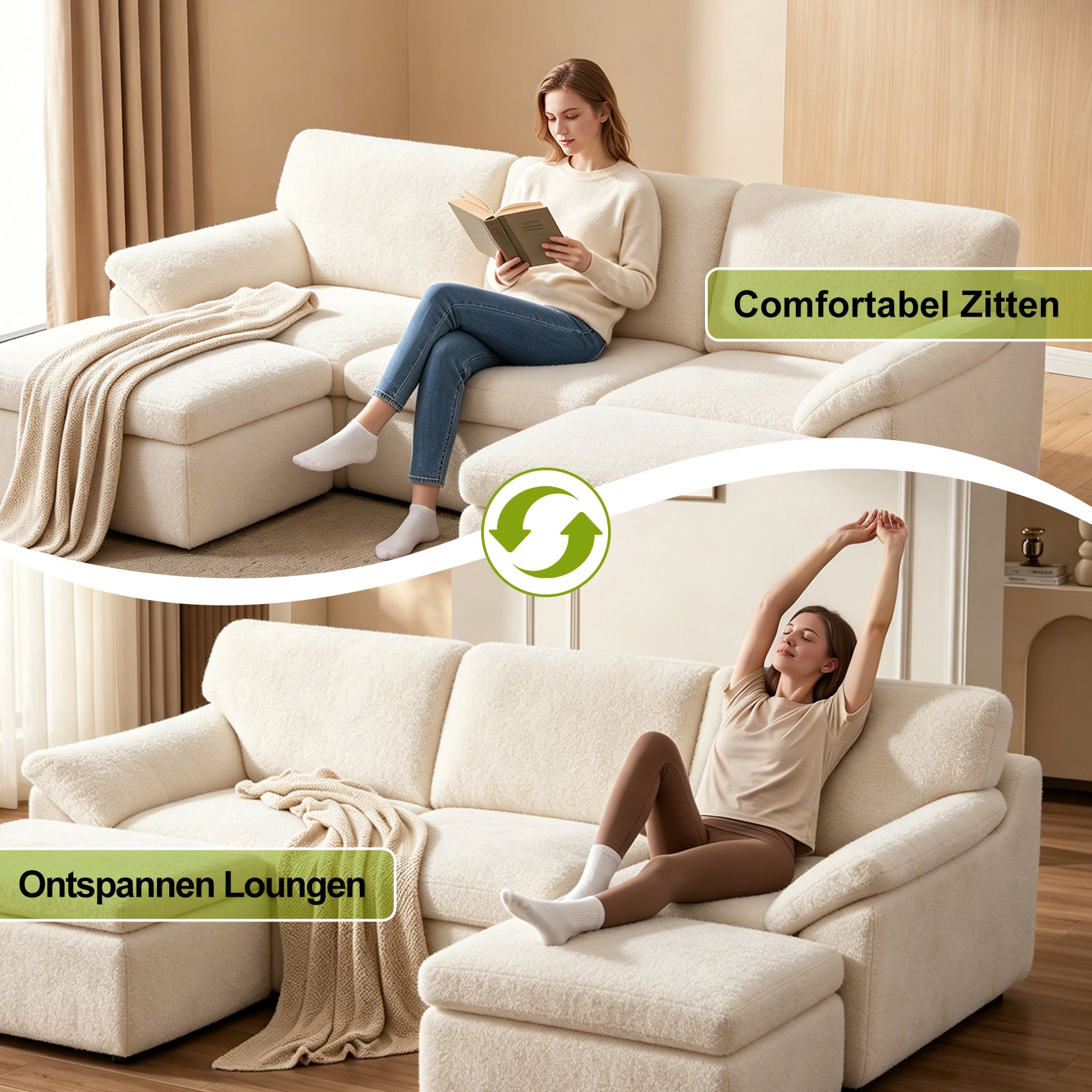 5-Zits U-Vormige Hoekbank, Comfortabele Modulaire Bank, Vrij te Combineren.