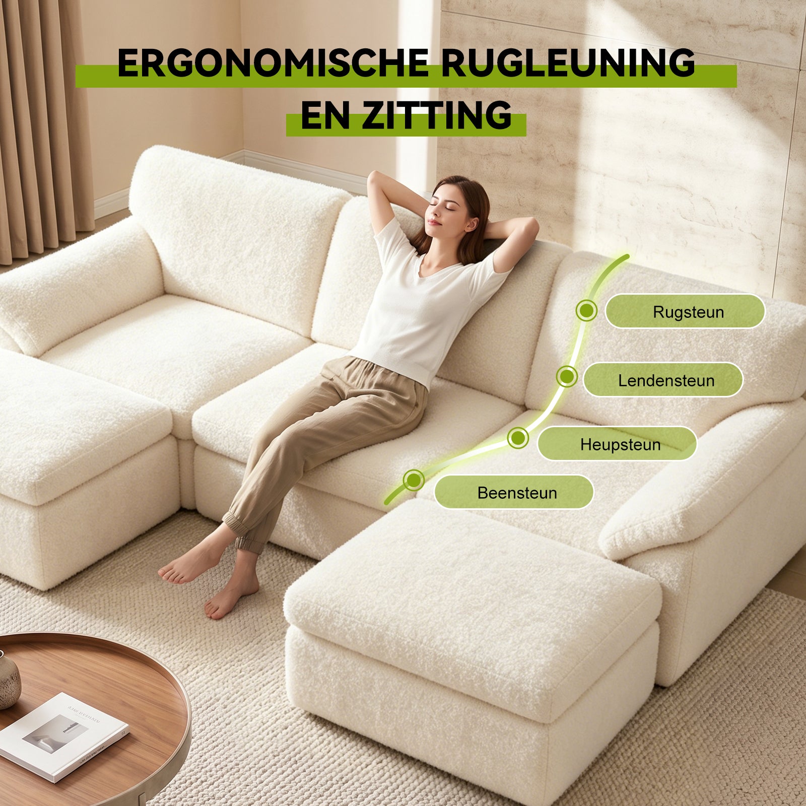 5-Zits U-Vormige Hoekbank, Comfortabele Modulaire Bank, Vrij te Combineren.