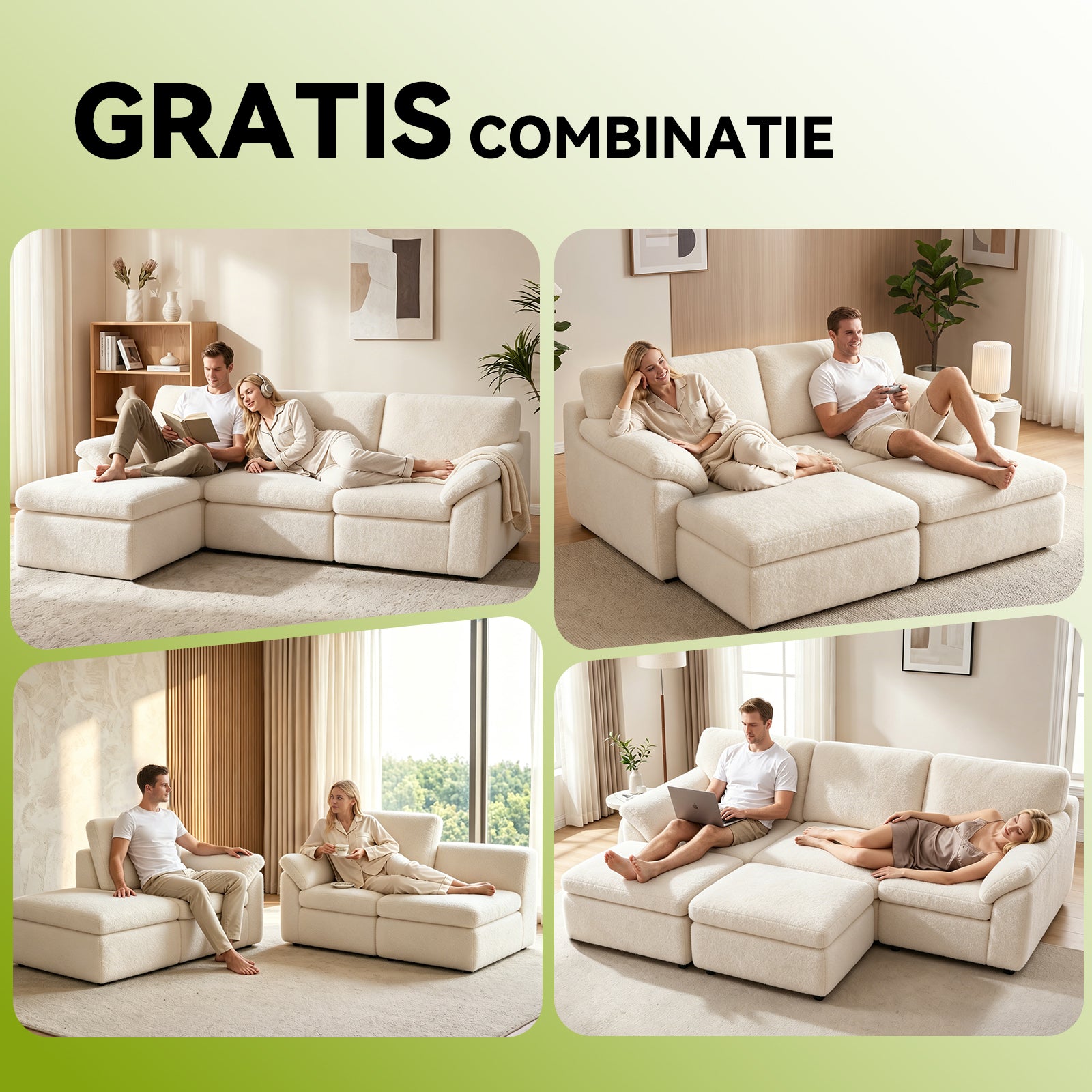 5-Zits U-Vormige Hoekbank, Comfortabele Modulaire Bank, Vrij te Combineren.