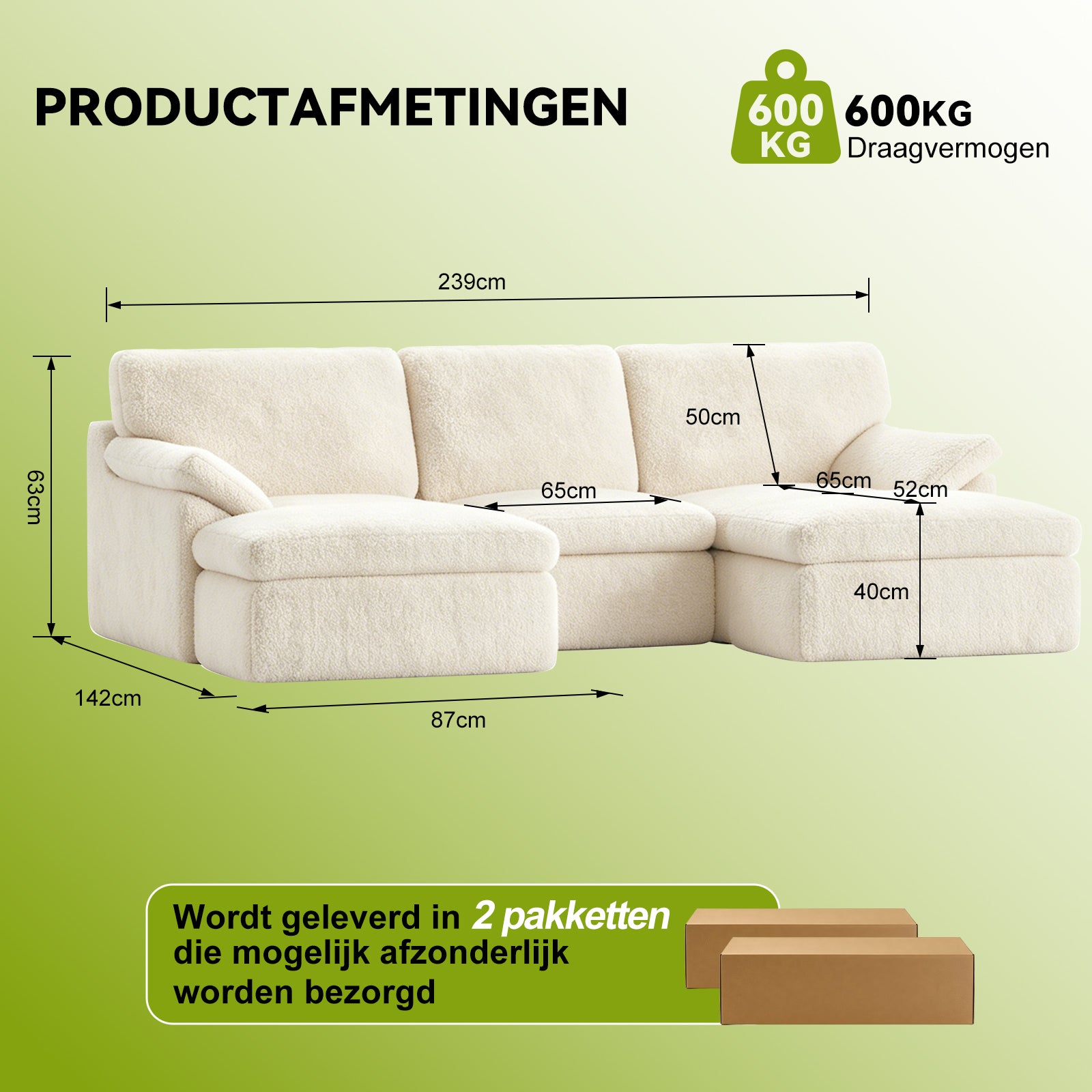 5-Zits U-Vormige Hoekbank, Comfortabele Modulaire Bank, Vrij te Combineren.