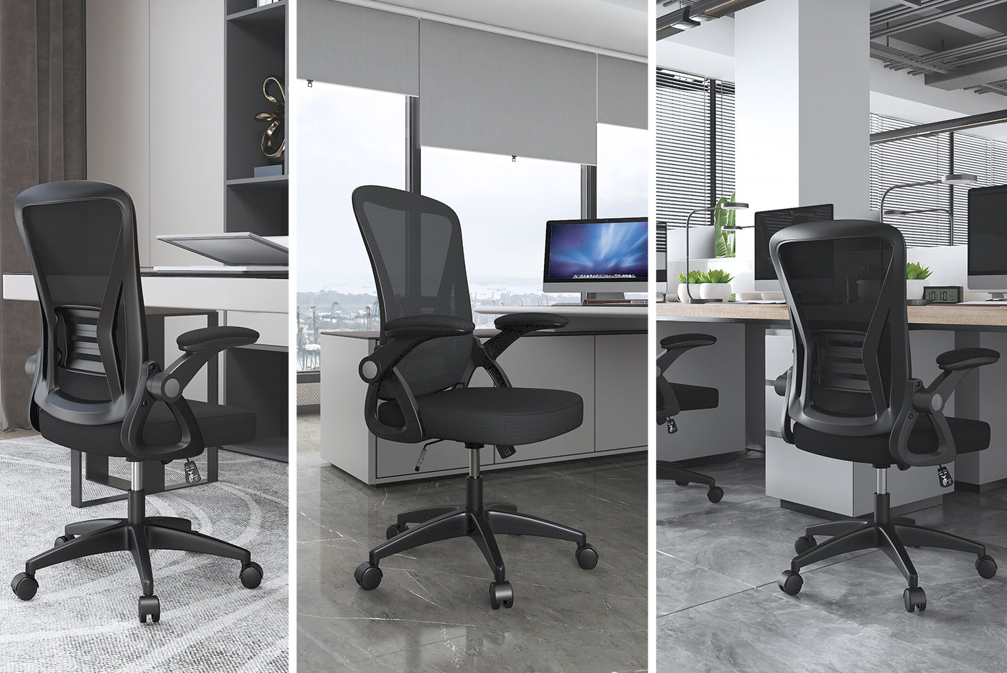 Hbada Ergonomic Office Chair, Office Chair with Folding Armrest, Canvas Desk Seat, 360° Rotatable, Grey